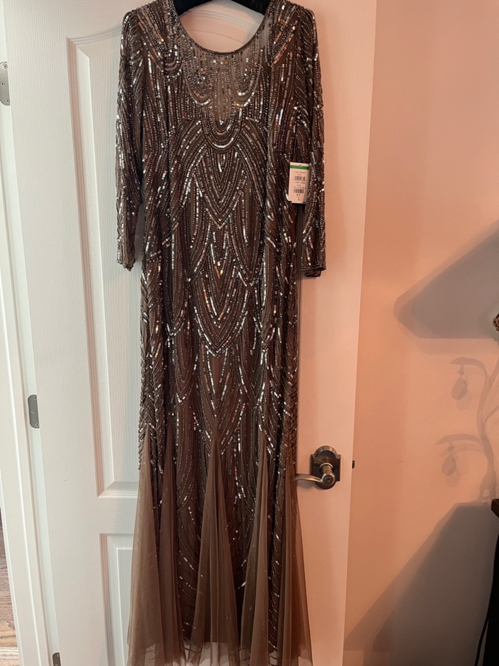 Long Beaded Taupe Prom Gown with Sheer Skirt